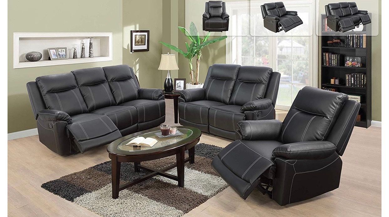 Black Leather Fully Reclining 3 Piece Couch Set