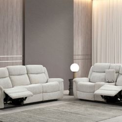 Brand New Super Plush Light Grey Reclining Sofa & Loveseat 