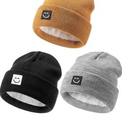 Hat 3 Packs with Cute Smiley Face, Toddler Girls Boys Baby Hats Winter, Kids Winter Hat Cold Weather