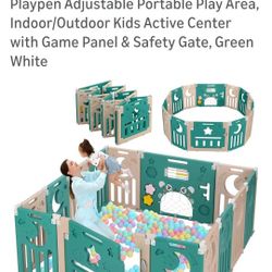 Baby Playpen, Dripex Baby Playard For Babies And Toddlers,  14-panel Foldable Green And White