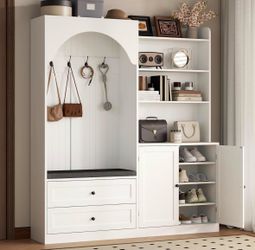 Large Hall Tree with Bench and Shoe Rack for Entryway, 71'' H x 59'' W 6-in-1 Farmhouse Entryway Bench with Coat Rack and 2 Drawer, 4 Coat Hooks, Mult