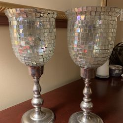 Pair Of Vintage AB Glass Mosaic Candle Holders