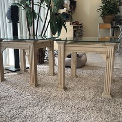 Pair of sofa side solid wood tables with glass top