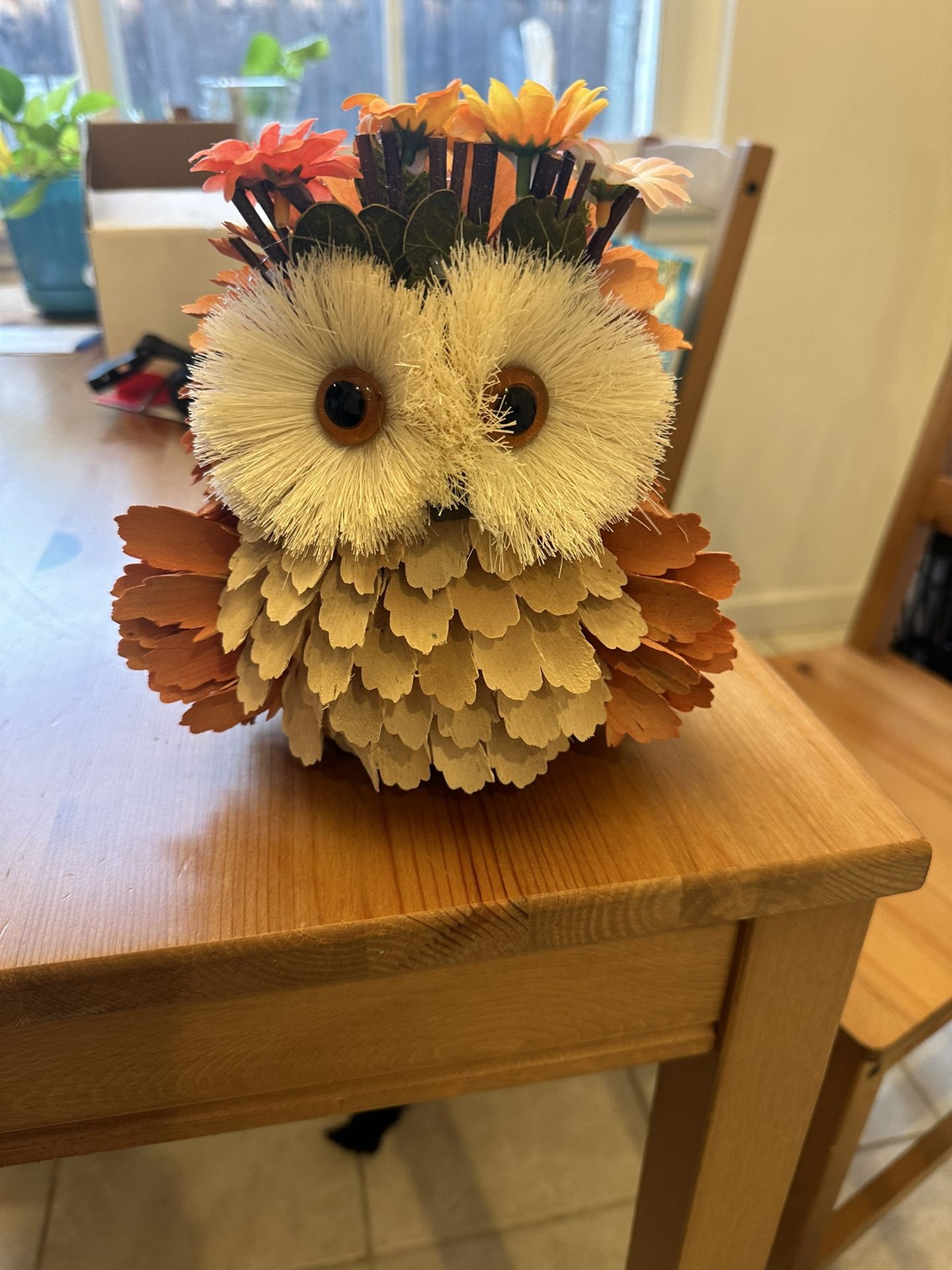 Green Wood Owl with Flower Crown, Fall Decor 7.5"