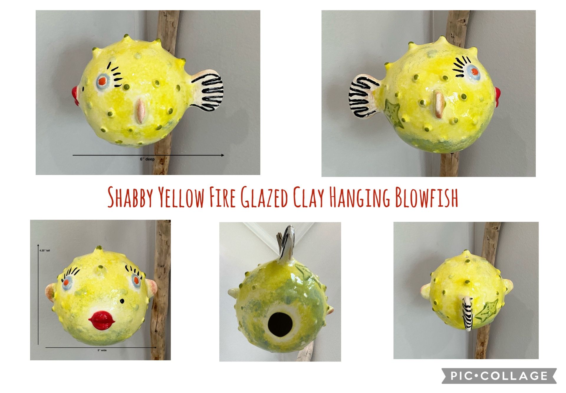 Shabby Yellow Fire Glazed Clay Hanging Blowfish