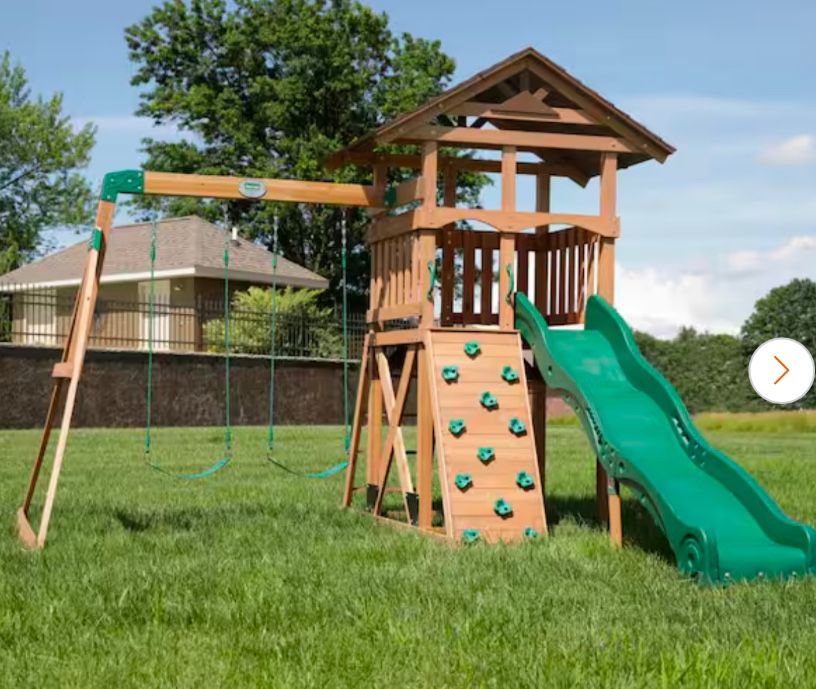 Lightning Ridge Outdoor Playground Set Wooden PlaySet w/ Wave Slide, Swing Set, and Rock Climbing Wall