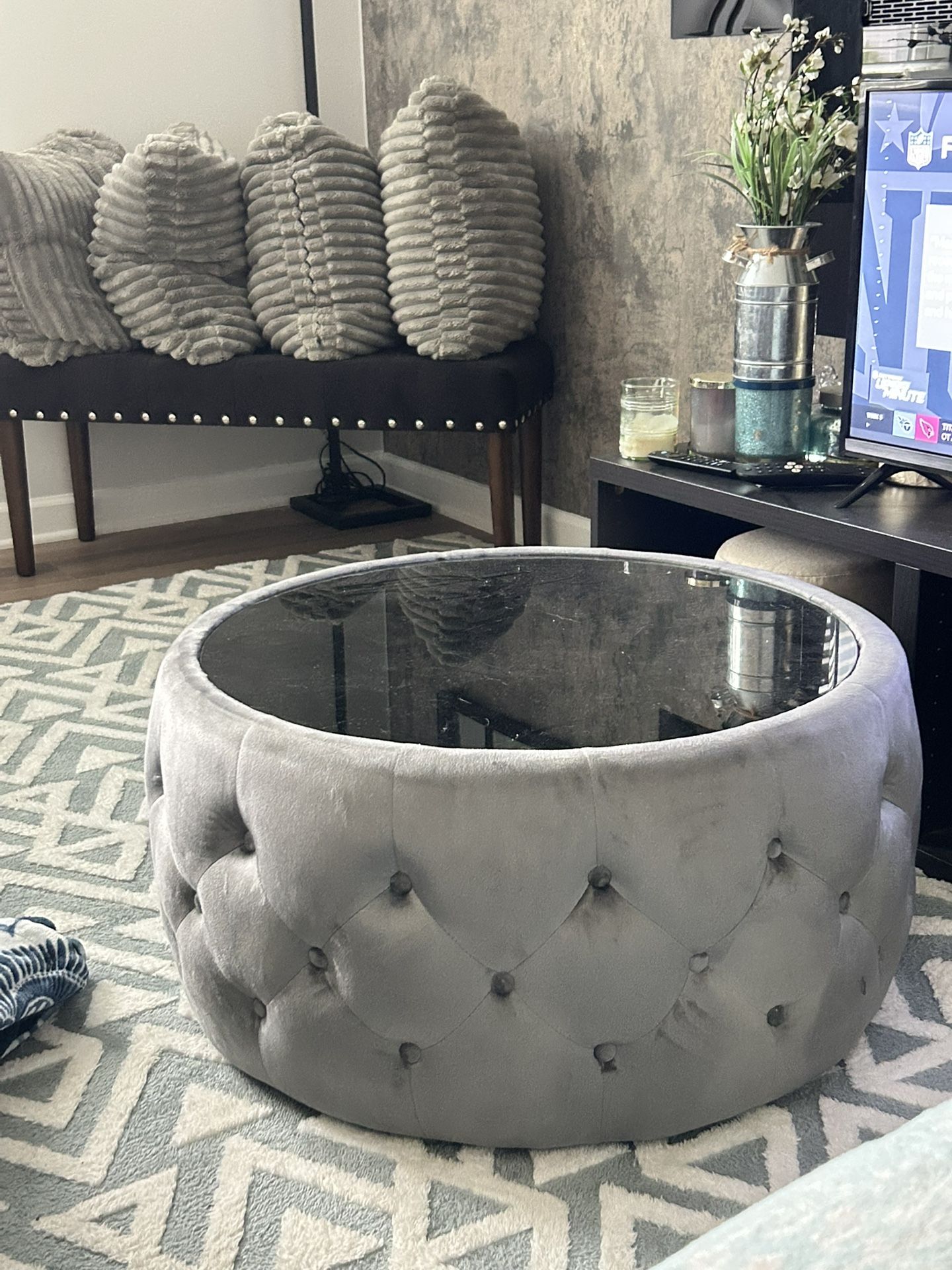 Christopher Knight Home Ivy Glam Velvet and Tempered Glass Coffee Table Ottoman, Smoke