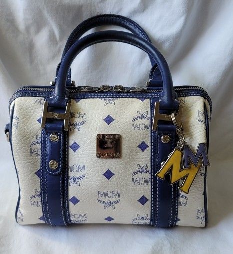 Blue & white MCM Visetos charm Boston Satchel with long crossbody strap & COA