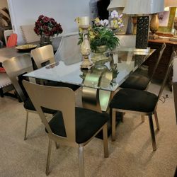 Glass top Table + 6 Side Chairs Modern Steel