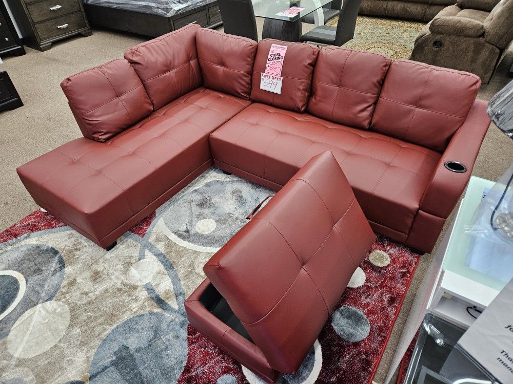 New Stock Red Faux Leather Sofa Sectional Livingroom Special
