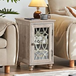 ES202 $50  Narrow Side Table with Glass Door, 18 x 14'' Night Stand with Adjustable Shelf Storage Cabinet Organizer, Bedside End Tables Wood Nightstan