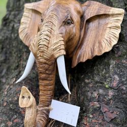 Wood Hand Carved Sculpture, Elephant Head Sculpture 