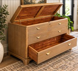 Beautifully refinished cedar-lined storage chest featuring a rich wood finish, classic styling, and timeless character.