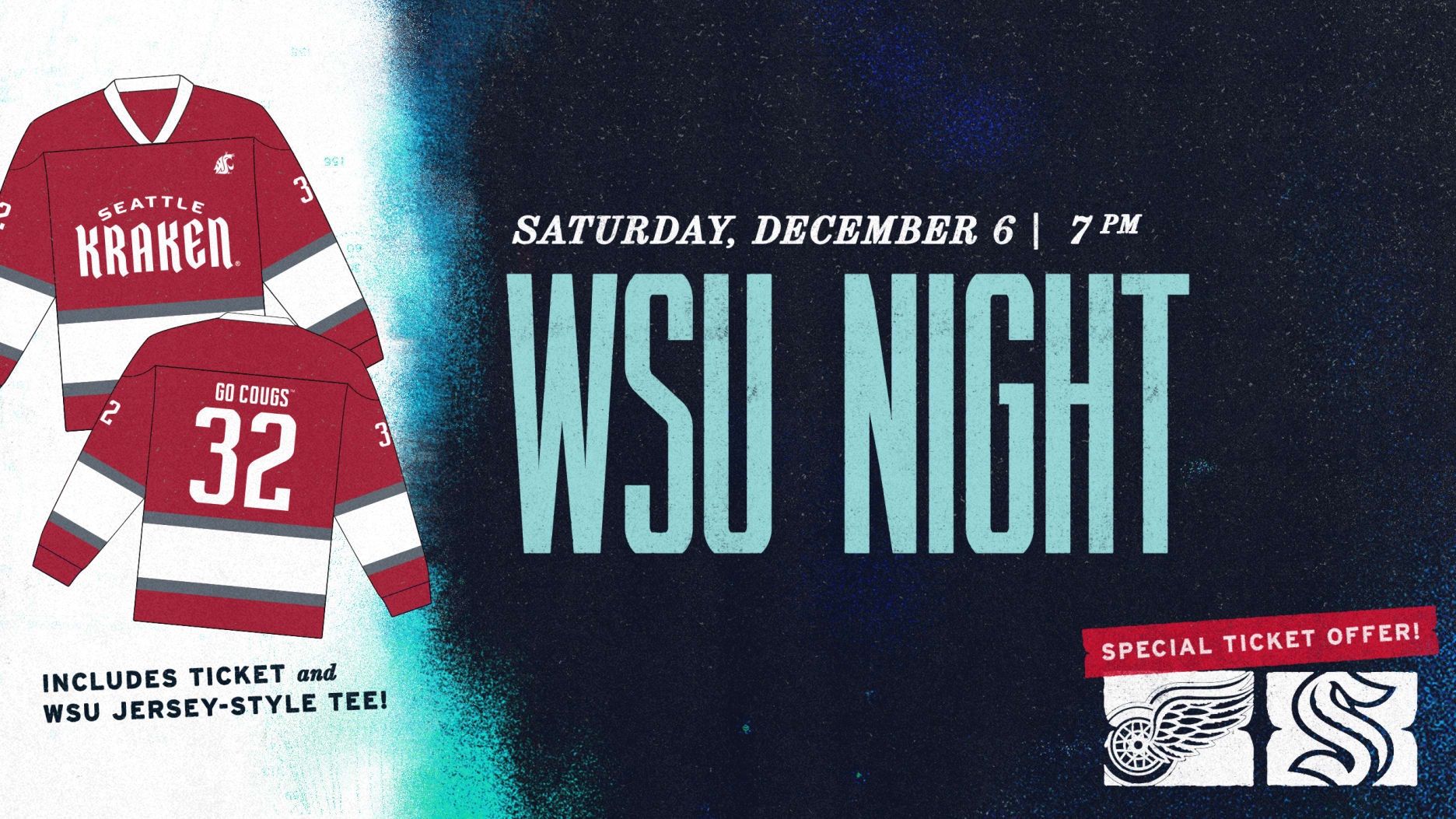 (2) Tickets 12/6/25 WSU Washington State University Jersey Night Seattle Kraken Vs Detroit Red Wings Climate Pledge Arena