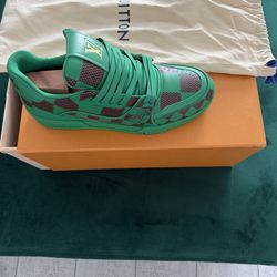 Louis Vuitton LV Trainer Sneakers in the Damier Pop Green colorway