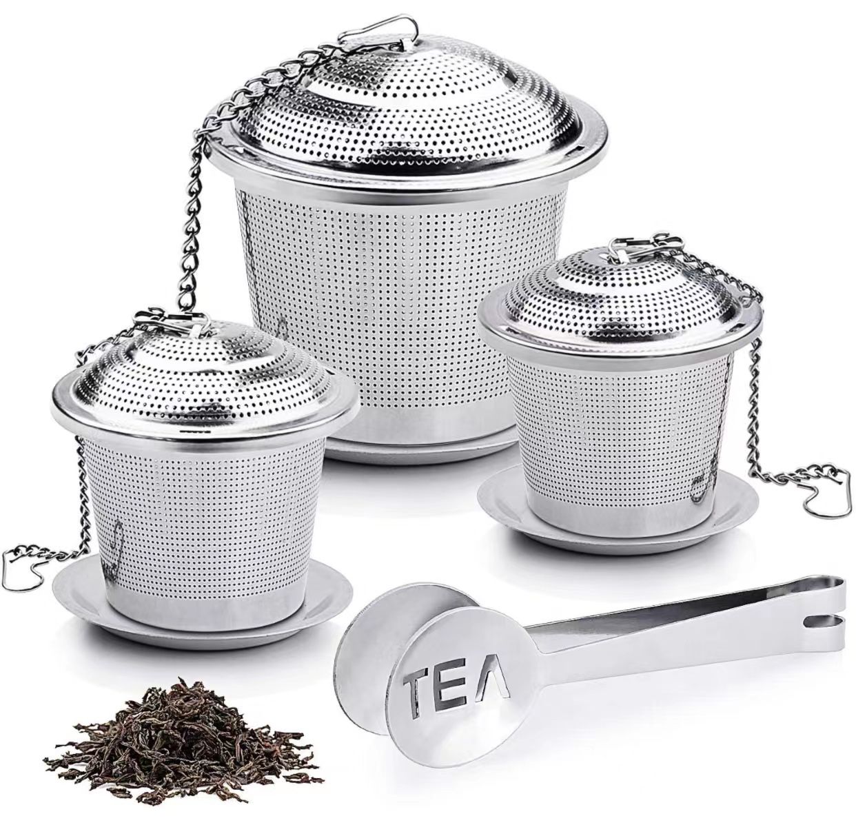 Tea Infuser, 3 Premium Stainless Steel Tea Ball Strainers & Cooking Infuser, 2 Size with Fine Mesh, Drip Trays, Extended Chain Hook to Brew Loose Leaf