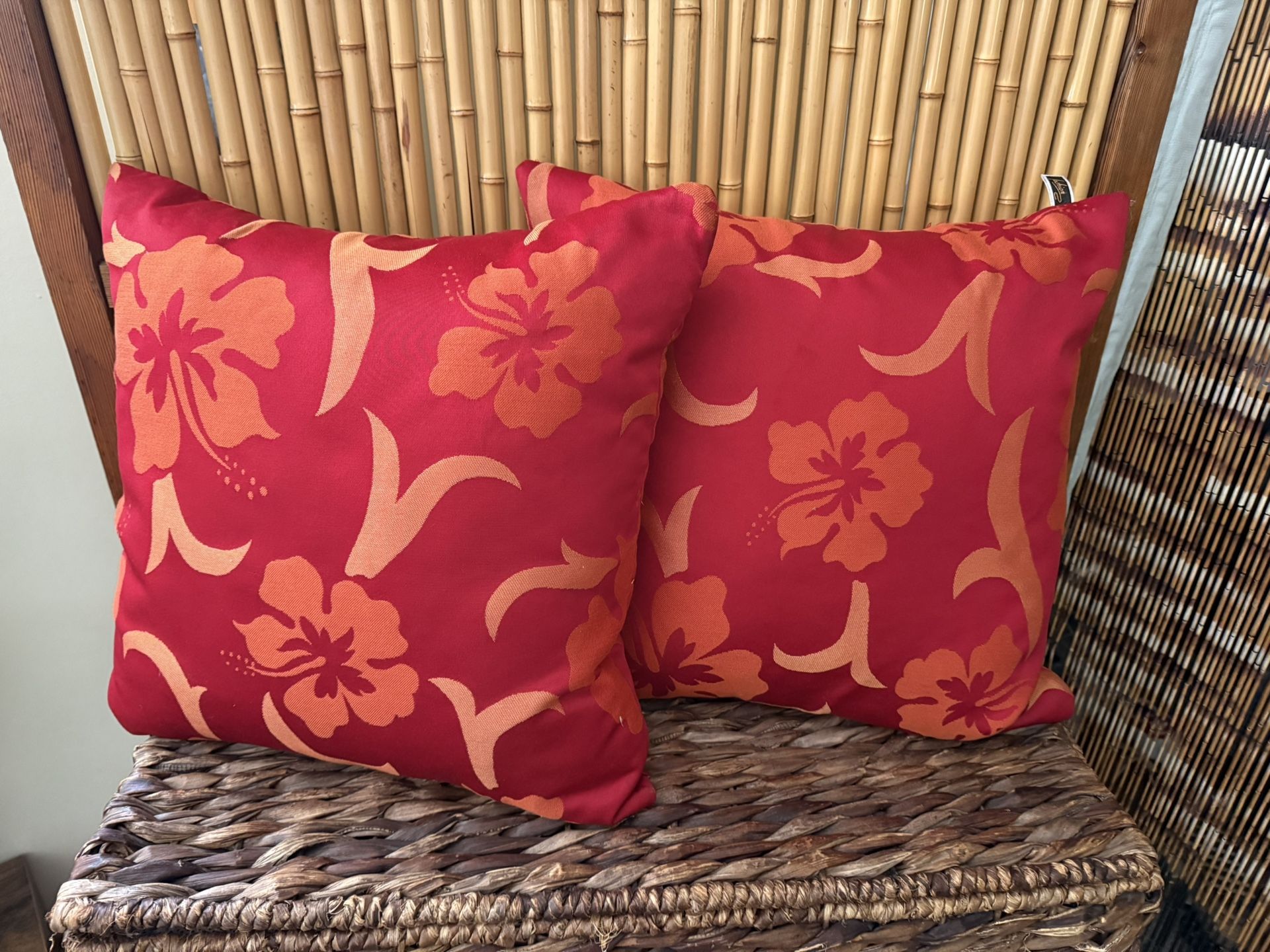 (2) Red Hawaiian Tiki Print Decorative Pillows