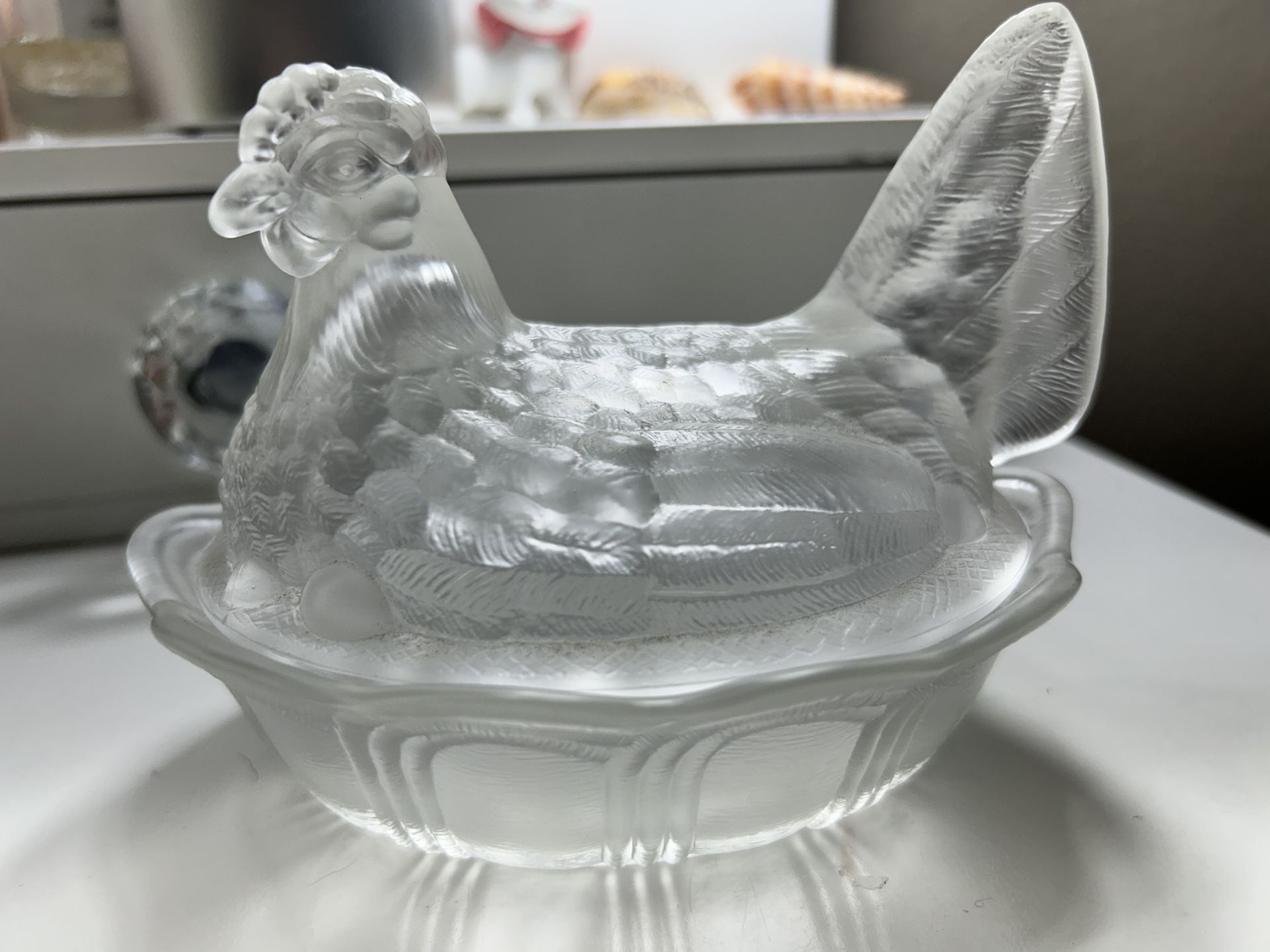 Vintage Fenton Satin Clear Glass Hen On Nest
