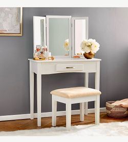 New in box wooden vanity set with tri fold mirrors and stool