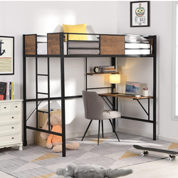 Metal Loft Bed for Kids Teens, Twin Size Loft Bed Frame with Full-Length Desk/Storage Shelves/Ladder,Space-Saving Design