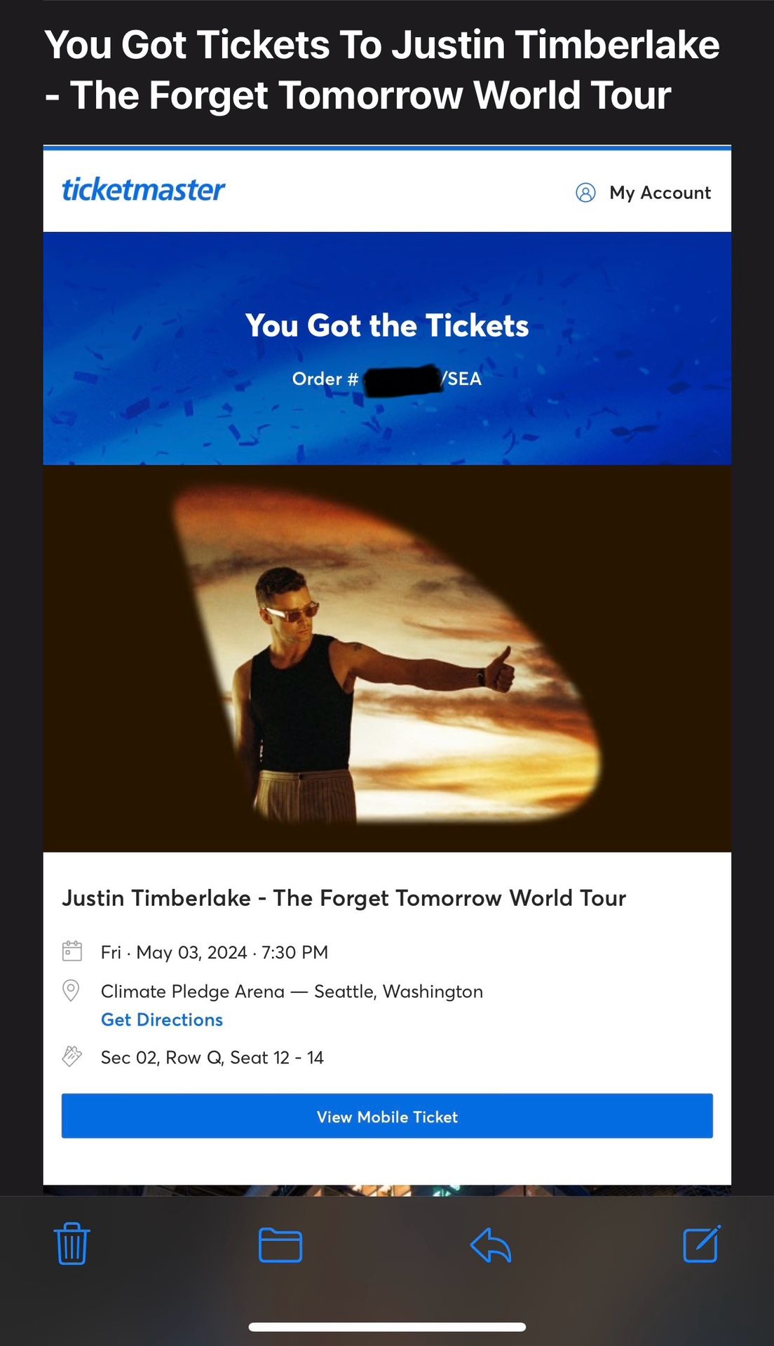 Justin Timberlake - The Forget Tomorrow World Your (Seattle, May 3 @ 7:30 PM) - **3 Club Seating Tickets!!**