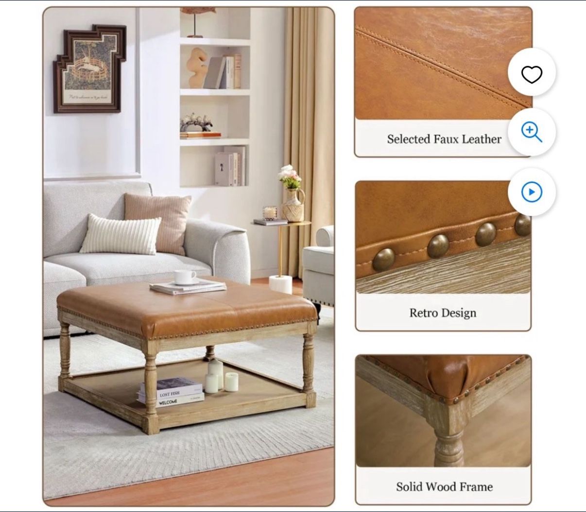 Large Square Ottoman Coffee Table for Living Room, Upholstered Tufted Faux Leather Footrest Storage Ottoman with Solid Wood Shelf, Footrest Stool (Bro