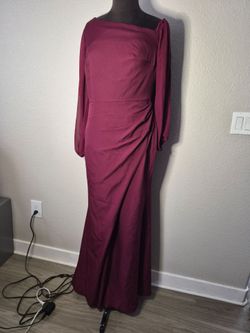Mondressy Womens Burgundy Crepe Faux Wrap Long Evening Dress Wedding Guest NWT