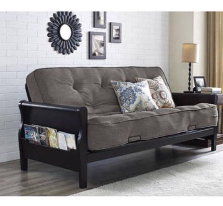 New Better Homes and Gardens Wood Arm Futon with 8" Coil Mattress Grey Linen Cushion