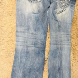 Rock Revival Apollon Boot Jeans Men's Size 34x32 Light Blue Embroidered Flap Pockets