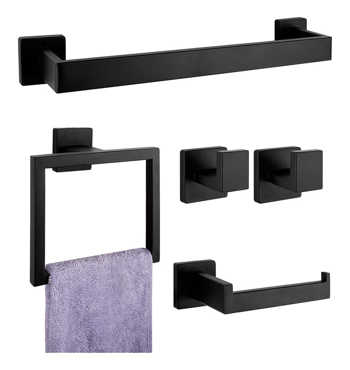 5-Pieces Matte Black Bathroom Hardware Accessories Set, SUS304 Stainless Steel Bath Towel Bar Set, Towel Racks for Bathroom Wall Mounted.