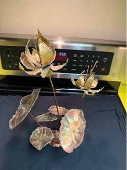 Vintage MCM brutalist, brass and copper lotus flower sculpture 17 inch