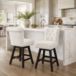 26 in. White Faux Leather Swivel Barstool Solid Wood Counter Stool with Nail Head Trim and Tufted Backrest (Set of 2)