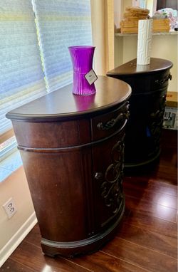Pair of Half-Moon Accent Cabinets – Drawer & Shelf Storage