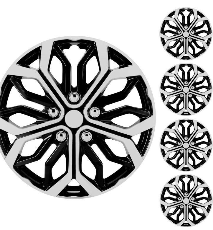 Brand New Never Used 16 inch Hubcaps Set of 4 -- Universal Polished Black & Silver Wheel Covers - Fits Multiple Car Models Exterior A