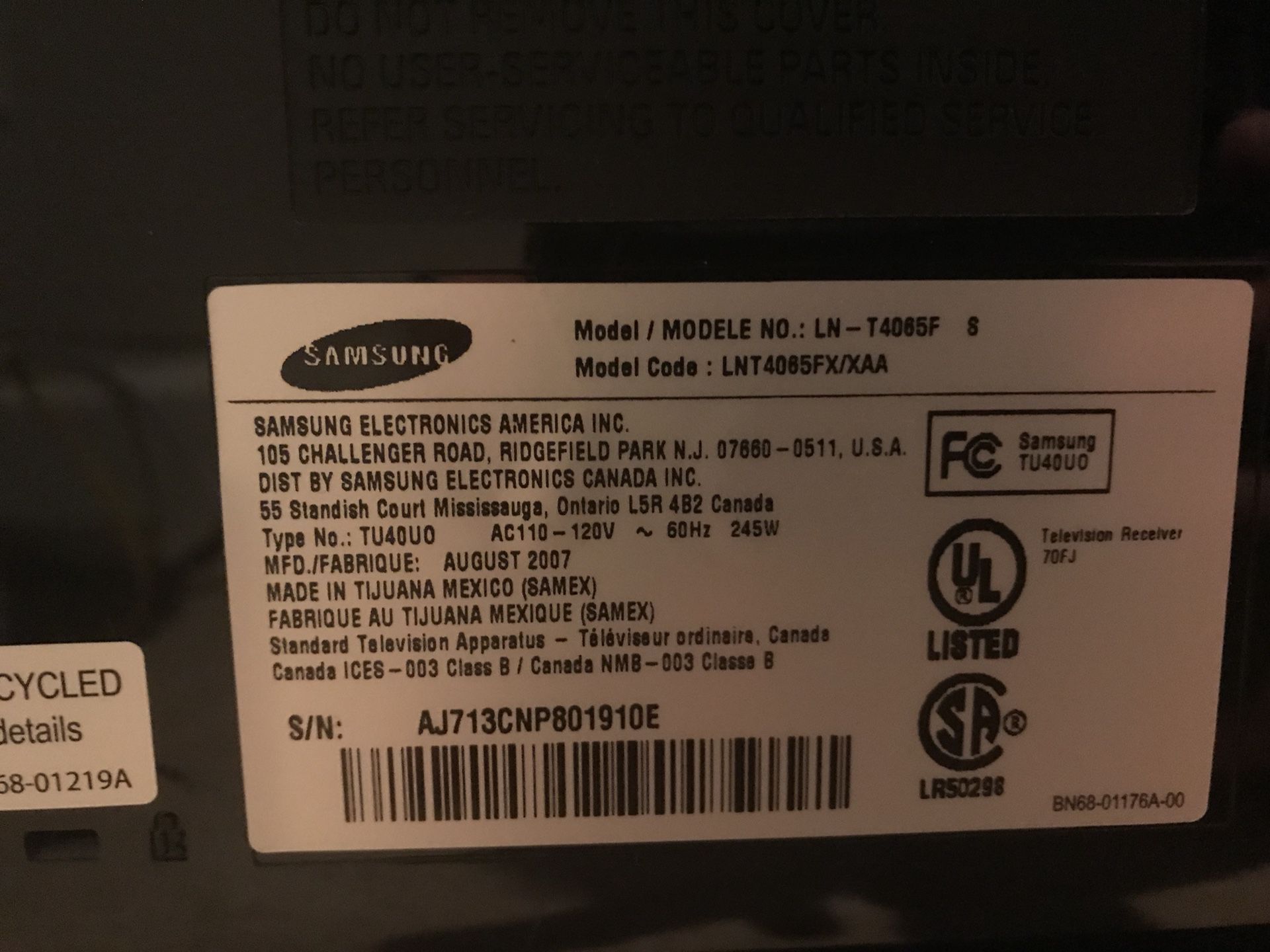 Samsung LN-T4065F 40" LCD TV