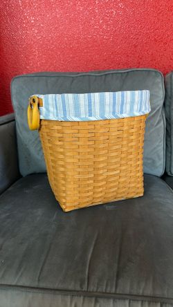 Large Longaberger Basket With Leather Handles And Plastic And Fabric Liner, Magazine Holder