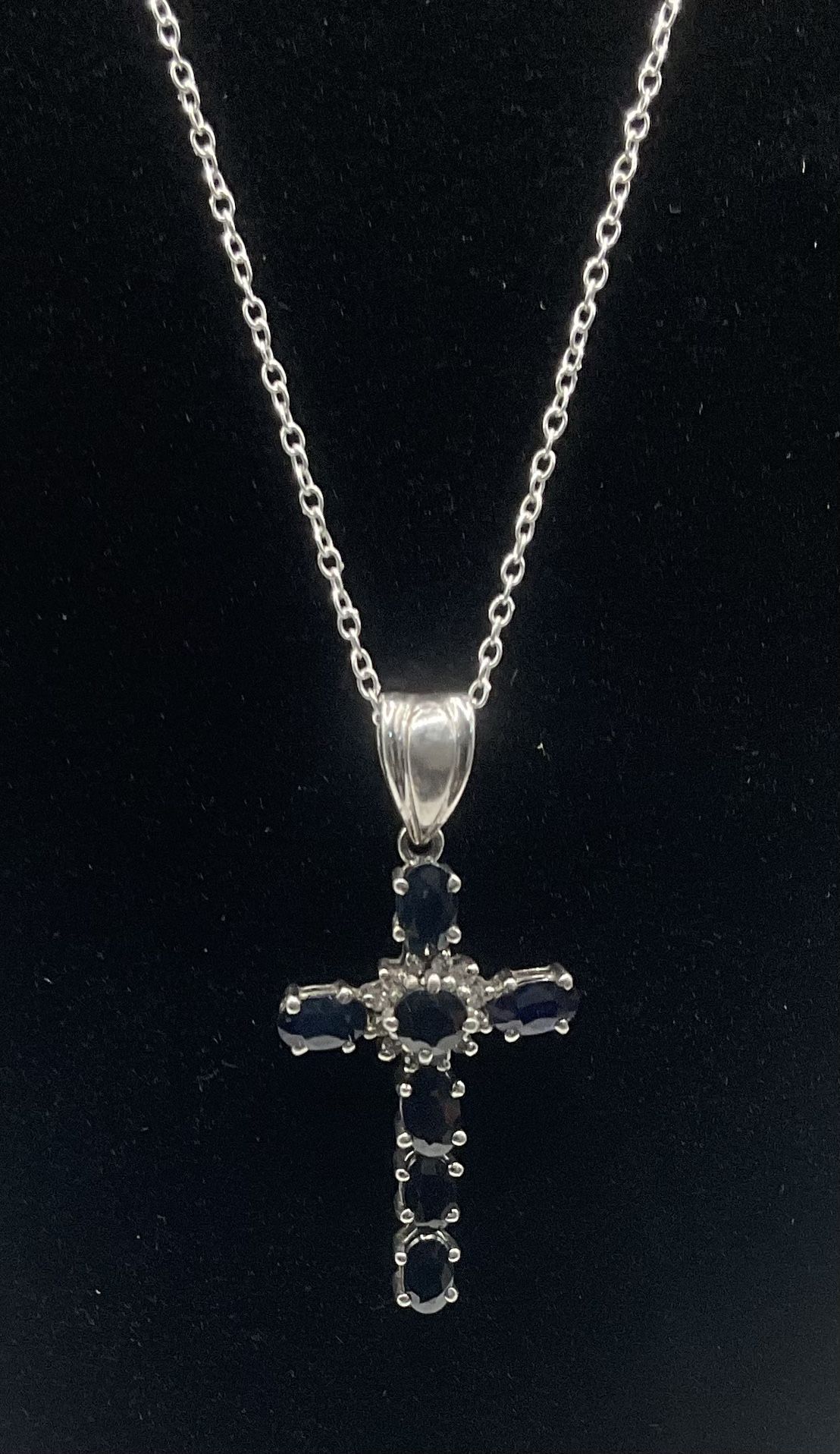 Sterling Silver Blue Sapphire & Diamond Cross 18” Necklace