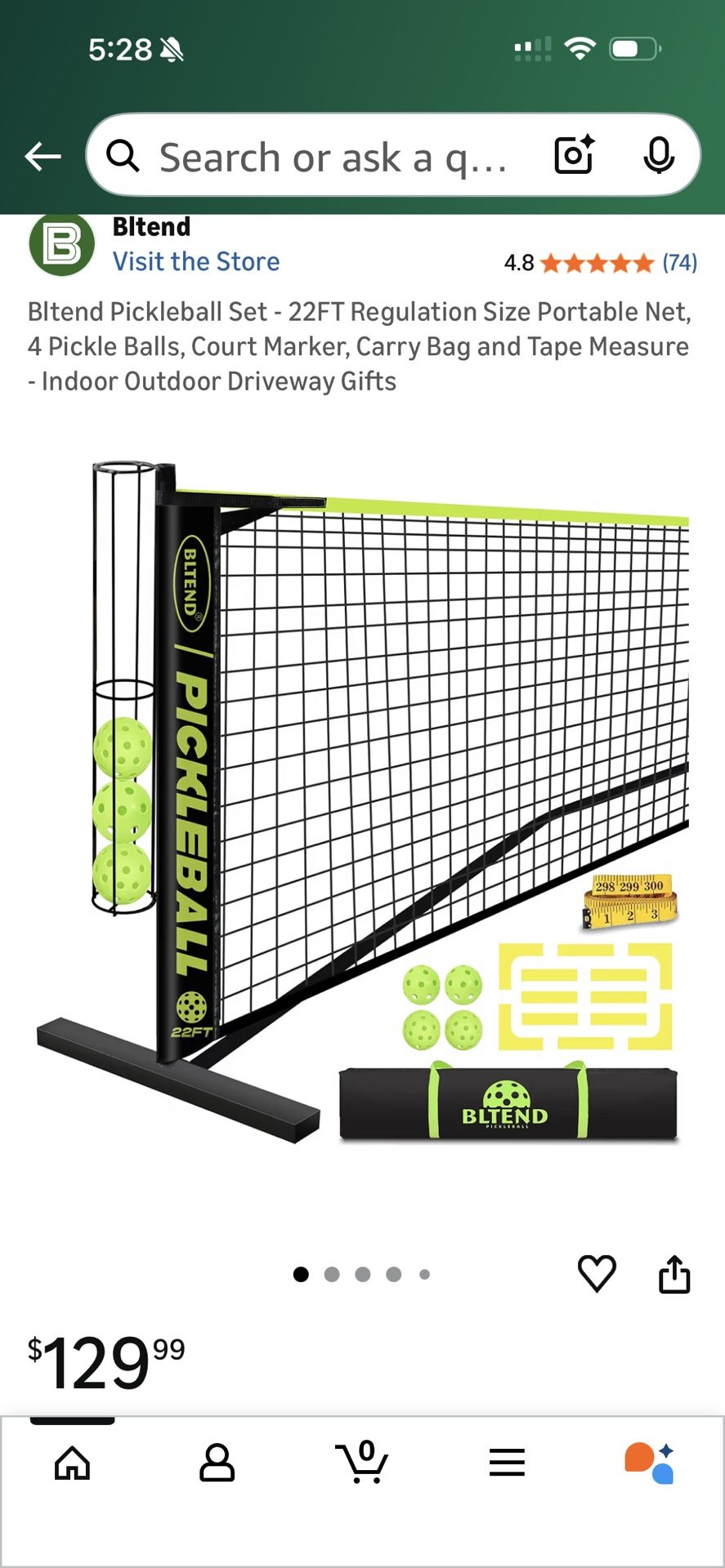 Bltend Pickleball Set - 22FT Regulation Size Portable Net, 4 Pickle Balls, Court Marker, Carry Bag