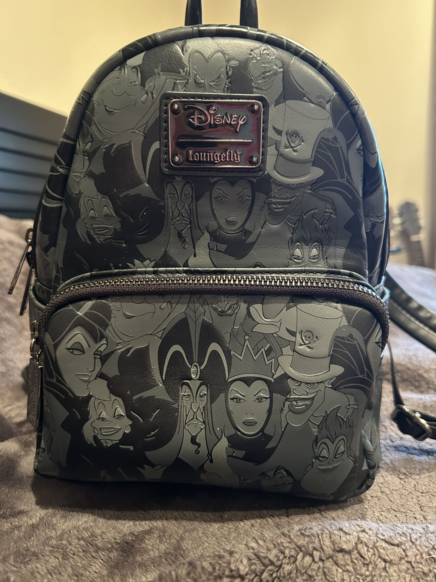 Loungefly Disney Black Faux Leather Villians, maleficient AOP Mini Backpack