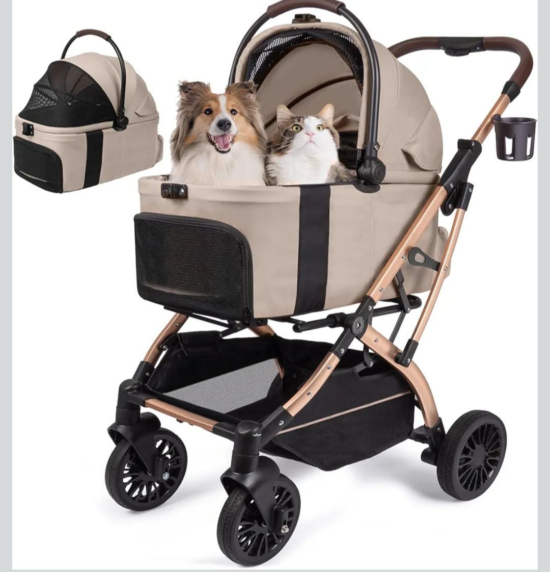 WagvyGo Small Dog Stroller, 5-in-1 Foldable Pet Stroller for Small Dogs Cats 10-20 lbs - 1-Click Fold Without Detaching Carrier, Removable Waterproof