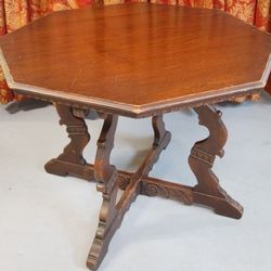 Antique Octagon Wood Table Carved Walnut Jacobean Renaissance Card Game Parlor library Victorian Old 012