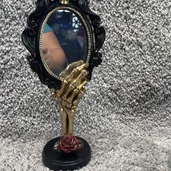 Skeleton Hand Holding Mirror Gothic Skull Dark Decor Resin Glass Halloween
