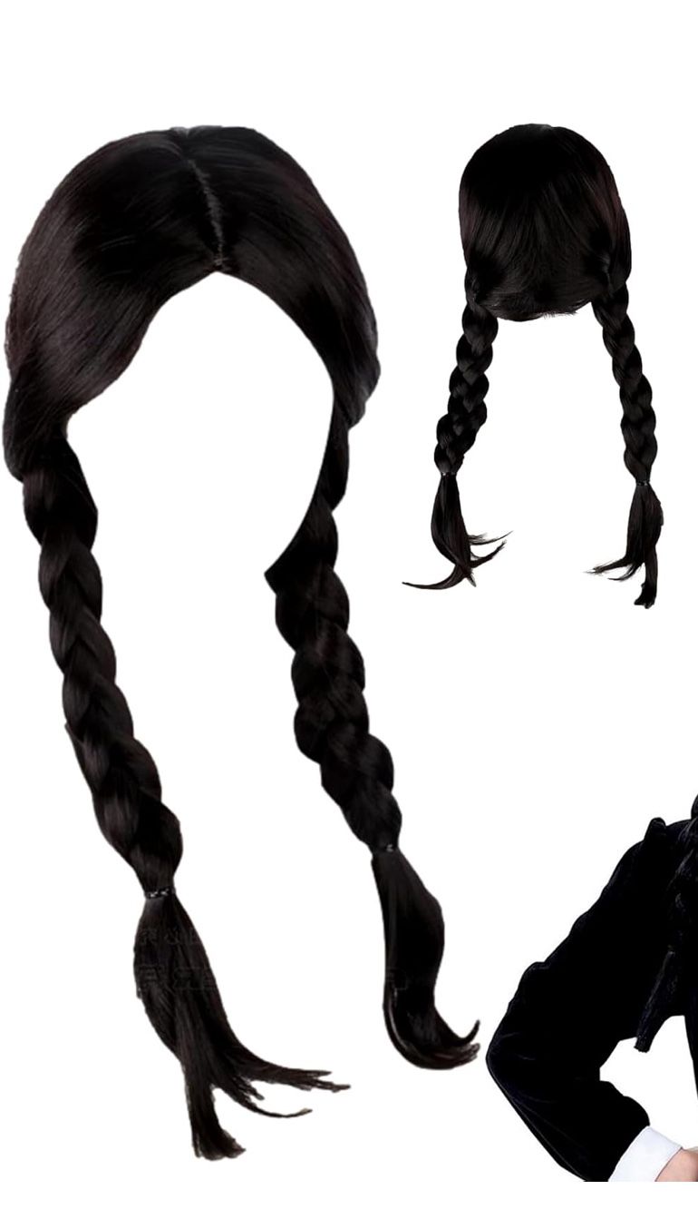 Popular Drama Roles Costume Wig,Long Black Braids Wig with Bangs,Halloween Costume Pigtails Hair for Women Girl Halloween Cosplay Party