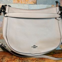 Genuine Coach Leather Purse Hobo 32- (F-58036) Stone/Dark • Beige . Zippered Top Secure • Plus 2-Additional Zippered Compartments • Adjustable Detacha