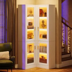 70.9" L-Shaped Bookshelf, 5-Tier Bookcase with LED Light and 4 Acrylic Doors