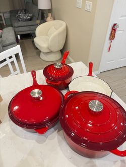 Kitchen Academy 7Pcs Red Enameled Cast Iron Cookware Sets, Heavy Duty