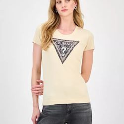 Guess Triangle Rhinestones Logo Graphic Print T Shirt Beige