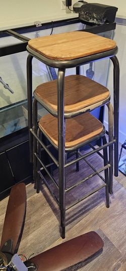 3 Metal Stools With Wood Seats