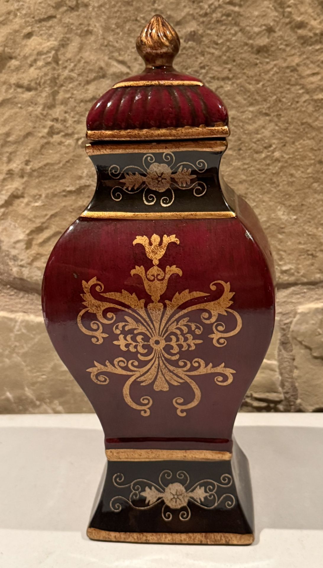 Tall Burgundy & Gold Ginger Jar / Vase 