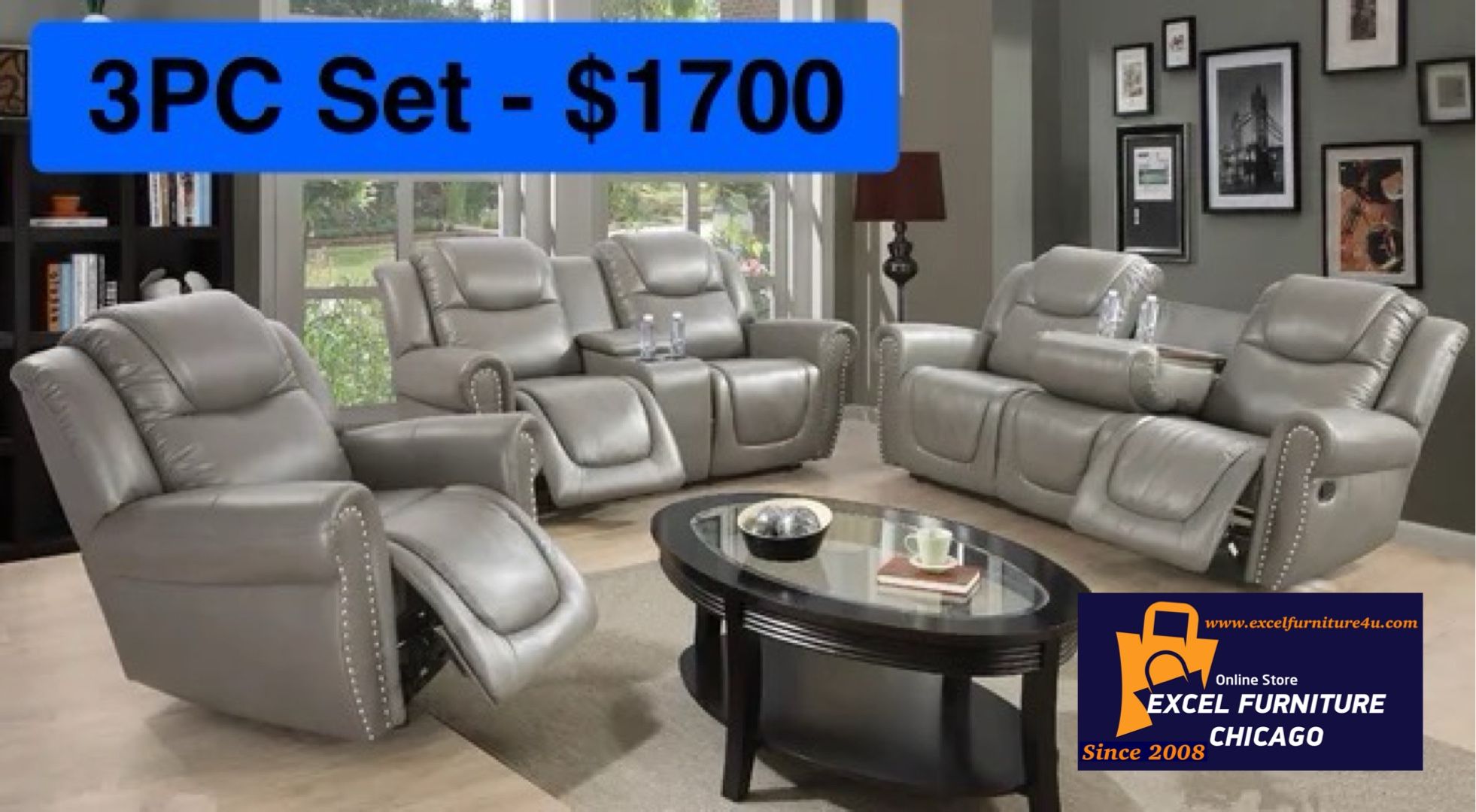 Brand New 3PC Reclining Sofa Loveseat Chair Set 